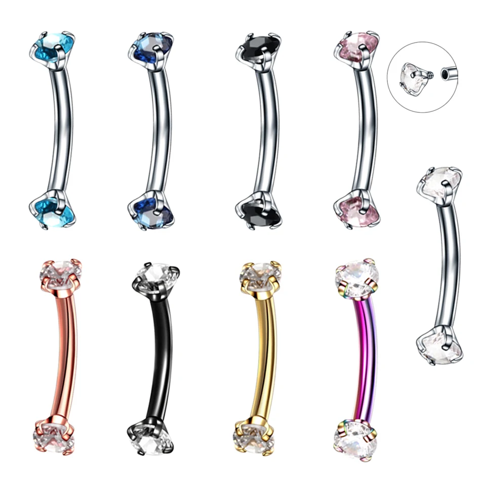 1PC Surgical Steel Curved Barbell Colorful Crystal Zircon Eyebrow Ring Piercing Barbell Lip Ring Snug Daith Helix Rook Earring