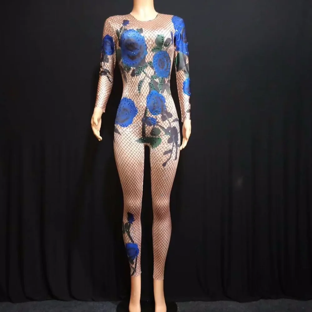 Monos con estampado de flores y rosas azules, Body de colores con diamantes de imitación, para actuaciones, fiestas, cumpleaños, celebraciones, traje brillante, Ropa de baile