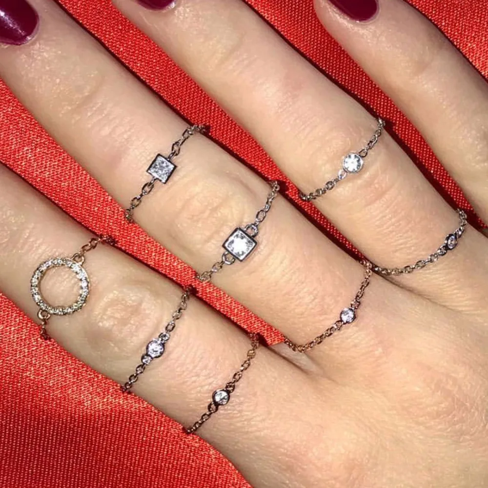 CZ Rings Female Ring Bijoux Newest White bezel Zirconia minimal geomtric thin chain cz charm Wedding Engagement Rings For Women