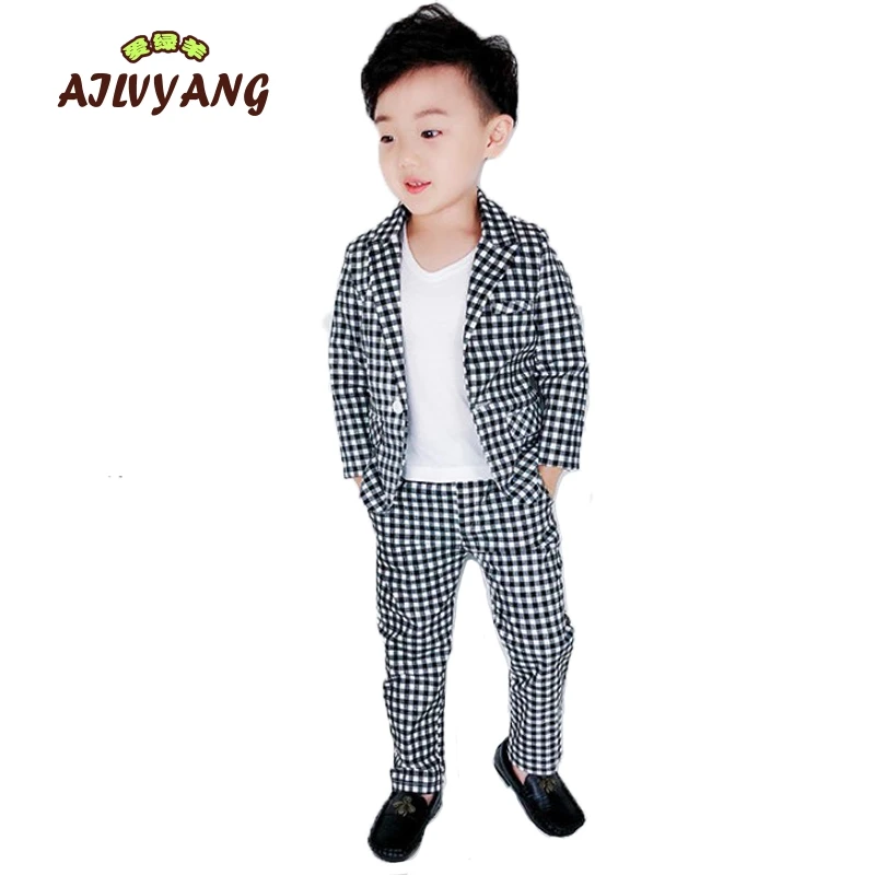 

Children's Suit Sets 2019 Spring New Black And White Plaid Blazer + Trousers 2pcs Outfits Kids School Party Costume