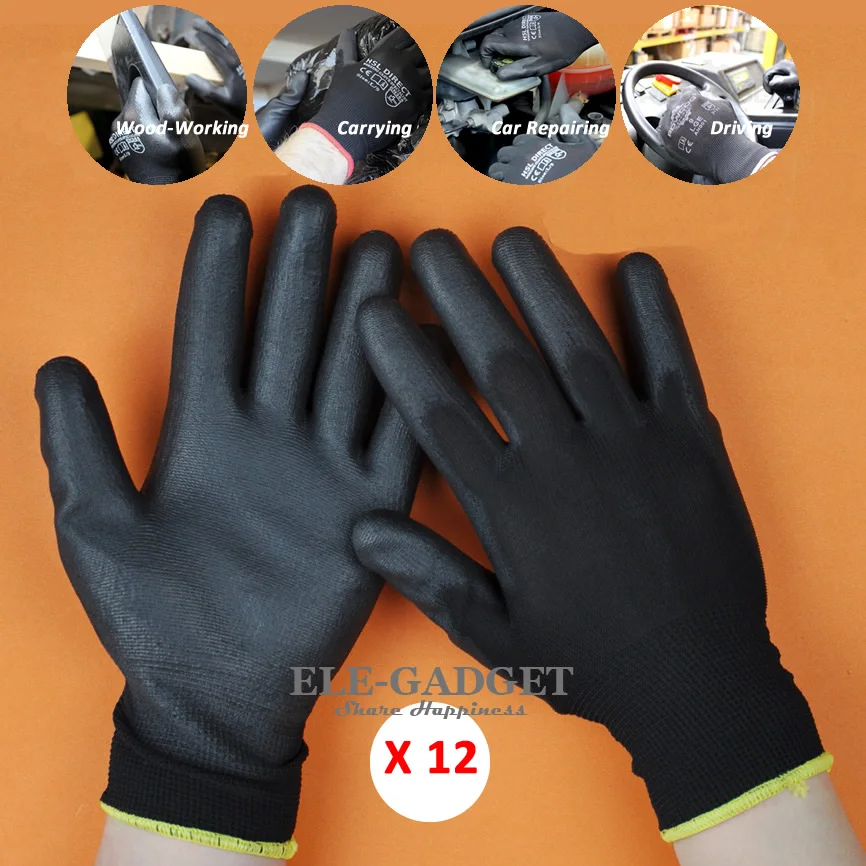 

New 12 Pairs Working Safety Gloves Nylon Knitted Gloves With PU Coated For Driver Worker Gardener Protective Gloves Wholesale