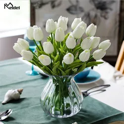 Meldel 10 pcs Tulip Flower Bride Bridesmaid Wedding Bouquet Artificial PU Tulip Flowers White Yellow DIY Home Party Prom Decor