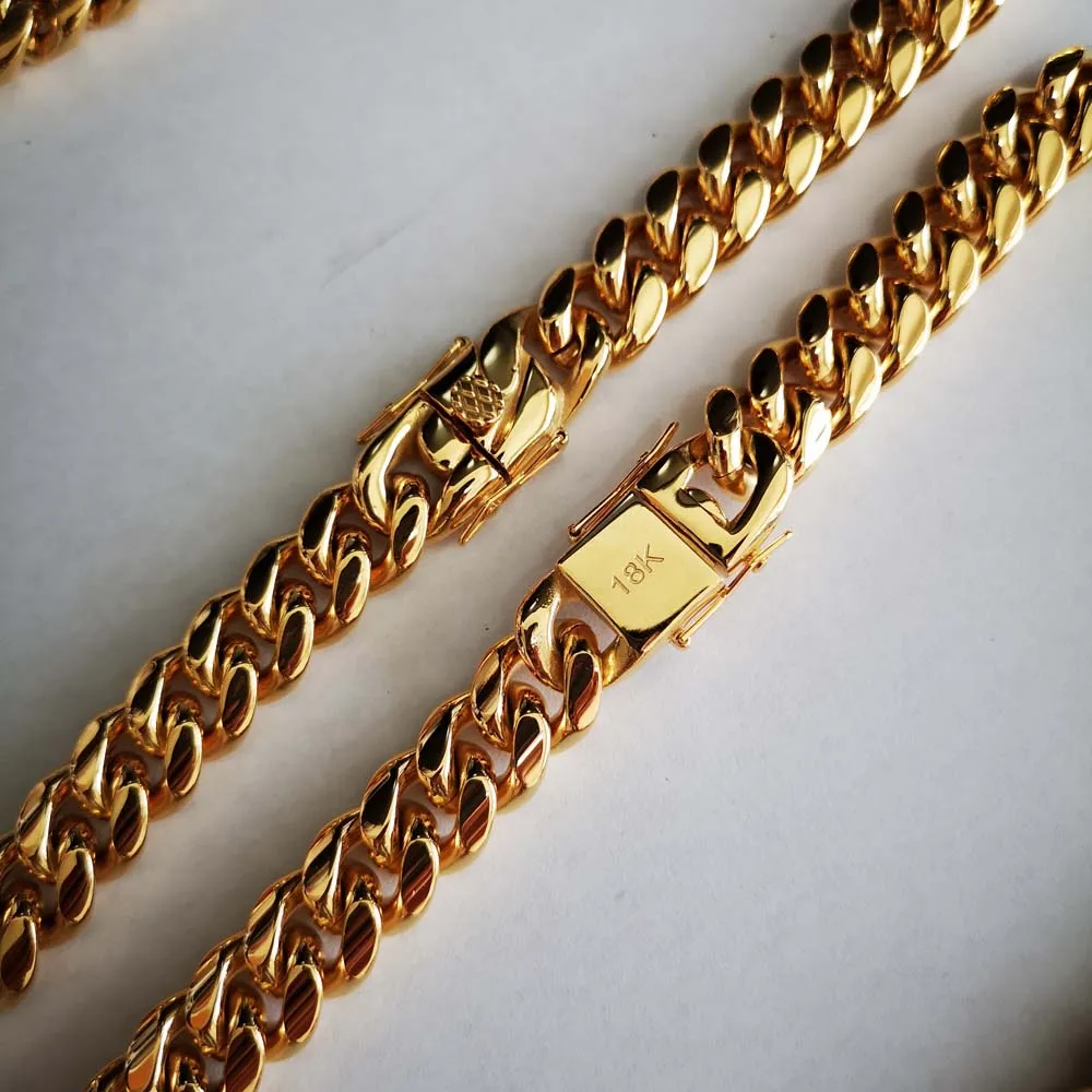 14mm Stainless Steel Miami Curb Cuban Chain Link Necklace Bracelet Boys Men 18K Gold Plated Hip Hop Dragon Lock Clasp Jewelry