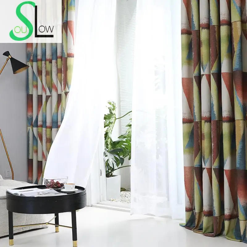 Slow Soul Colour Geometric Orange Blue Purple Yellow Modern Simple thickened Cotton Hemp  Curtains For Living Room Bedroom 3d