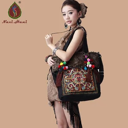 Luxury Winter Women's bags Original canvas shoulder bag national style embroidery large black bag Vintage fur bag