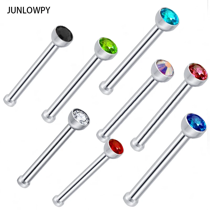 JUNLOWPY Fashion Single Gem Straight Nose Ring Mix 10 Colors 1000pcs/lot Body Piercing Jewelry Stainless Steel Nose Hoop Ring