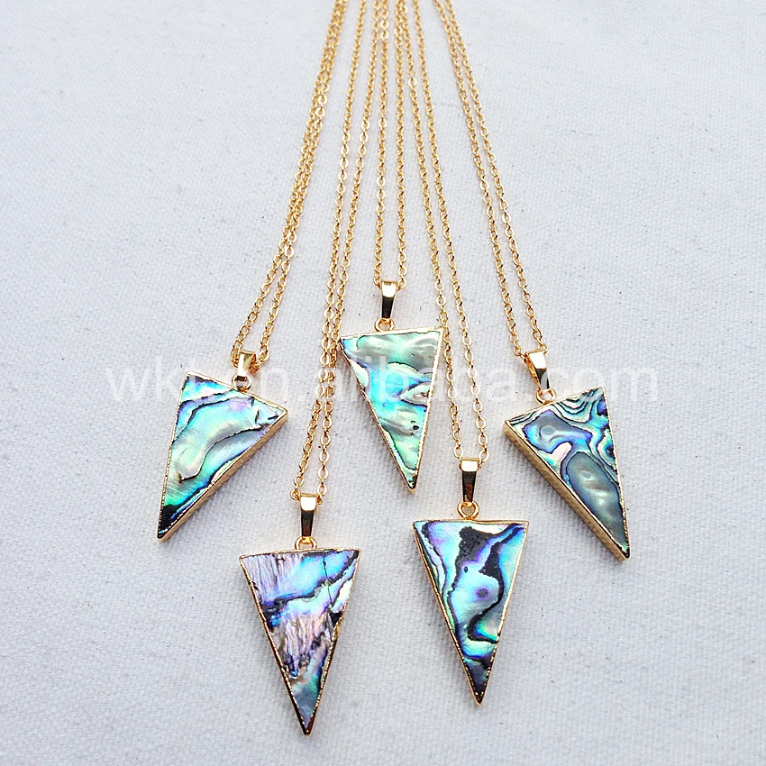 WT-N660 Fashion Abalone Shell Necklace Natural abalone shell pendant 24k gold trim triangle shell pendant 18