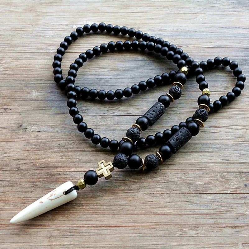 New Design Black BLava Stones Bead with Hematite cross charm pendant necklace Men\'s Bead Necklace
