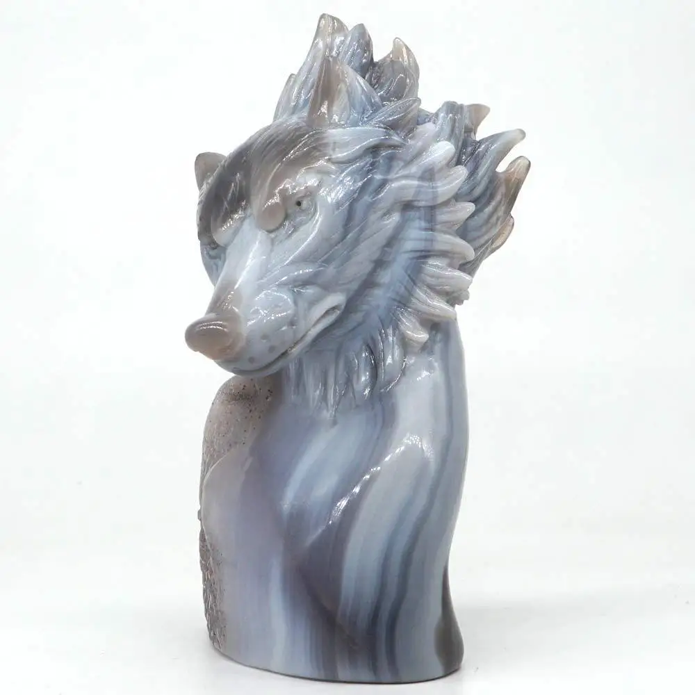 Wolf Head Statue Natural Gemstone Geode Agate Carved Figurine Home Ornament 5.86