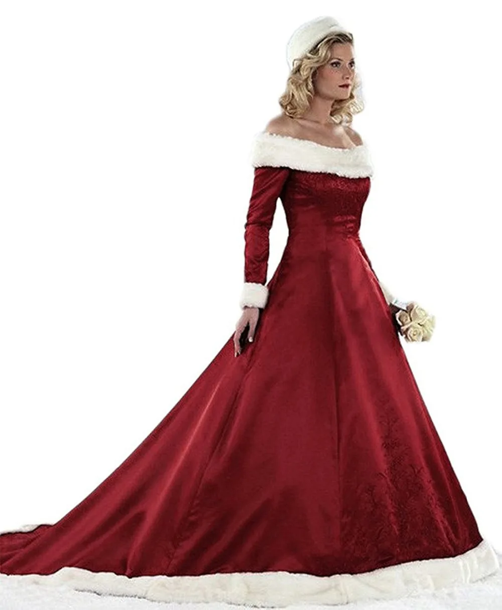 2019 New Women's Christmas Wedding Dresses Plus Size Long Sleeve Winter Satin With Faux Fur Bridal Gown