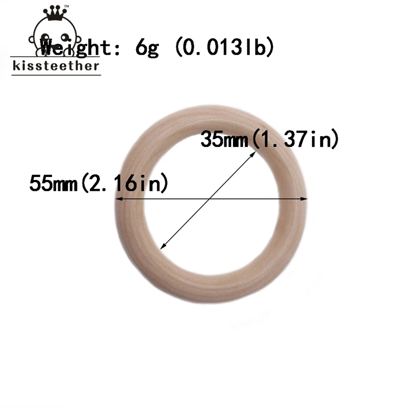 55mm(2.16\'\') Nature Wooden Ring Teether Montessori Baby Toy Organic Infant Teething  Accessories Necklace DIY