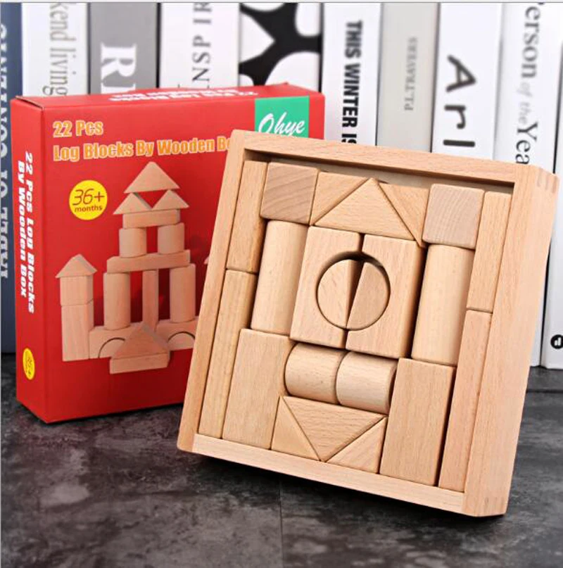 Freeship kids natural color 22pc solid beech wood wooden building construction blocks tools educational toys for children