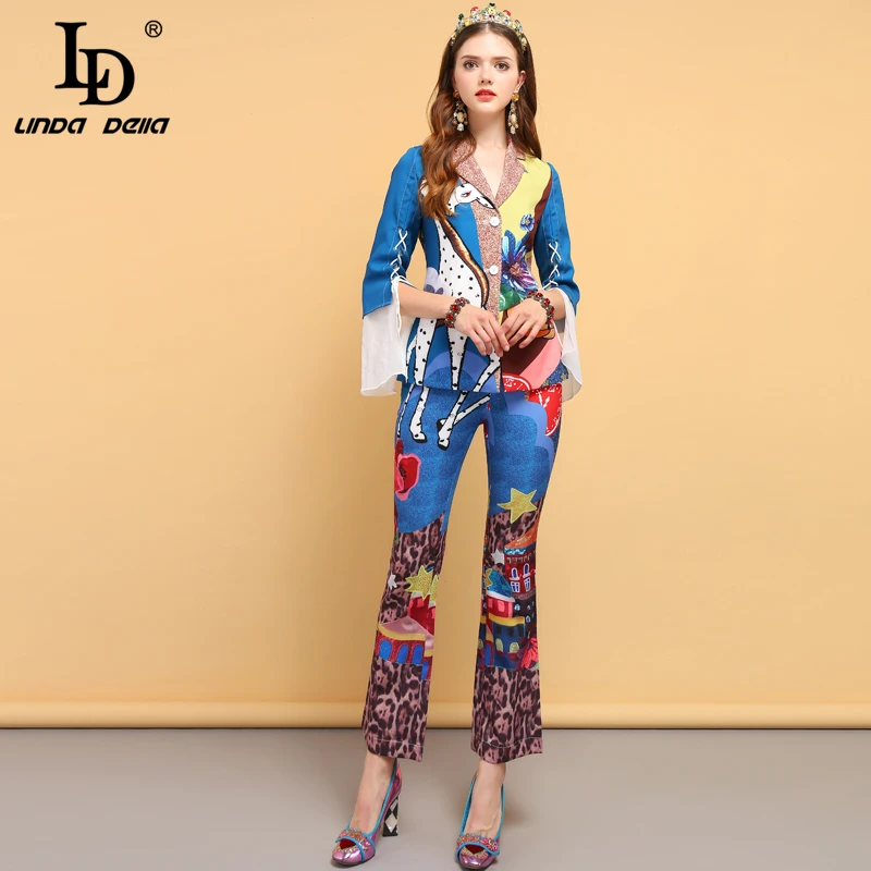 LD LINDA DELLA Fashion Designer Summer Vintage Suits Women\'s Bow Tie Animal Print Shirt and Floral Printed Pants 2 Pieces Set