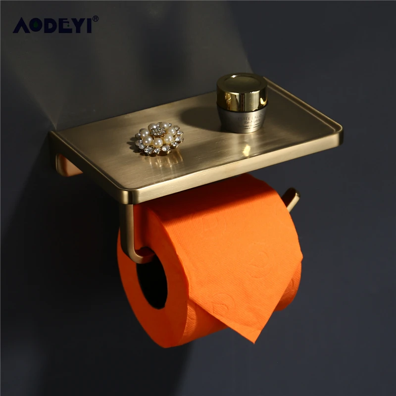 Brushed Gold Toilet Paper Holder Wall Mount Black Tissue Roll Hanger Phone Platform Wall Mount Bathroom Hardware Accessories Set