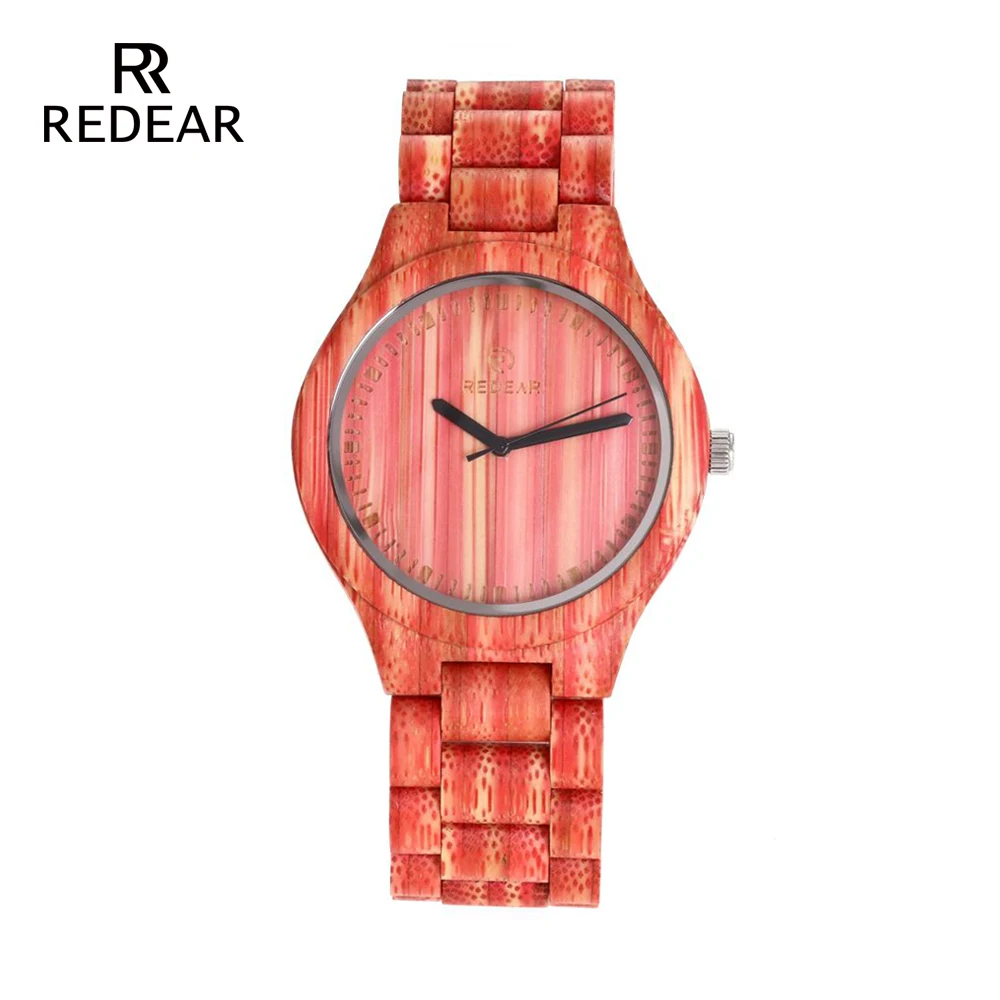 REDEAR OEM Lover's Horloges Rode Bamboe Hout Horloge Vrouw Alle Natual Groene Bamboe Quartz Horloges voor Mannen als Valentines gift
