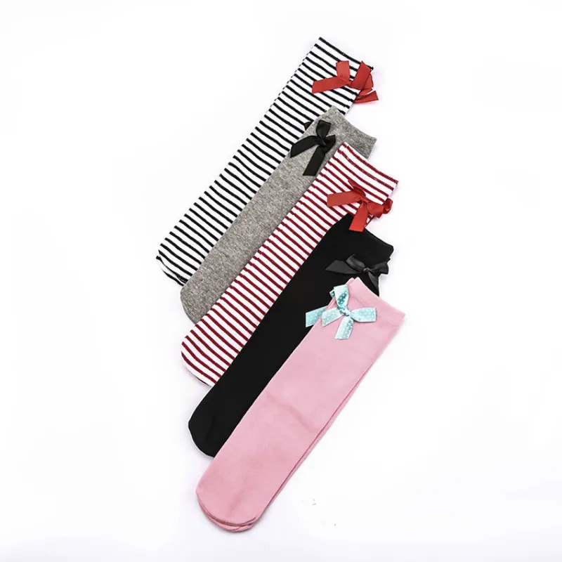 Girls Knee High Socks with Bow Kids Boot Socks Stripe Cute Princess Long Socks for School Baby Solid Color Leg Warmer Brand