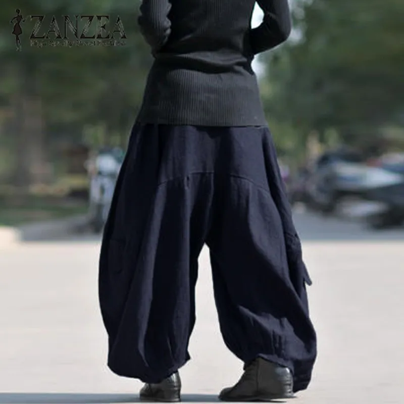 2023 ZANZEA Women High Elastic Waist Lantern Pantalon Loose Baggy Cargo Pants Solid Cotton Linen Long Wide Leg Trousers Oversize