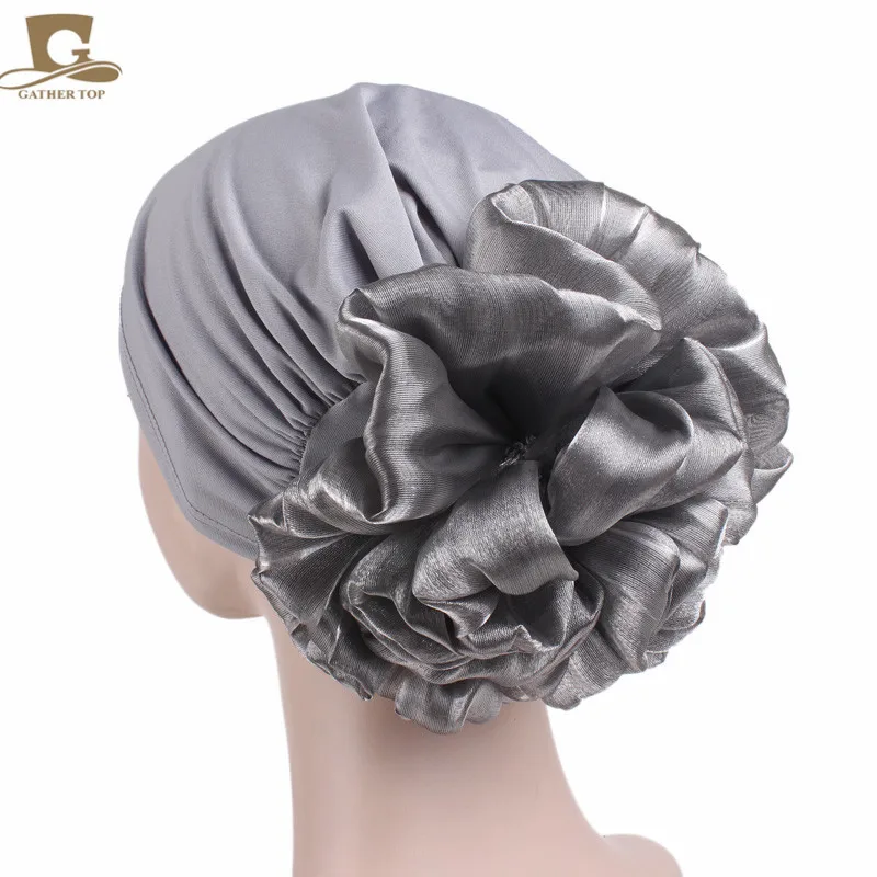 Women\'s Hijabs Big Flower Turban Hair Accessories Elastic Cloth Hair Bands Hat Beanie Ladies Muslim Solid Hair Loss Scarf Cap