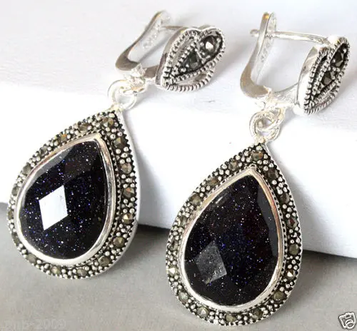 women Fashion Jewelry 925 Sterling Jewelry Natural Blue Sand Stone Marcasite Drop Earrings lady's $ Jewelry Luxury Girls Wedding