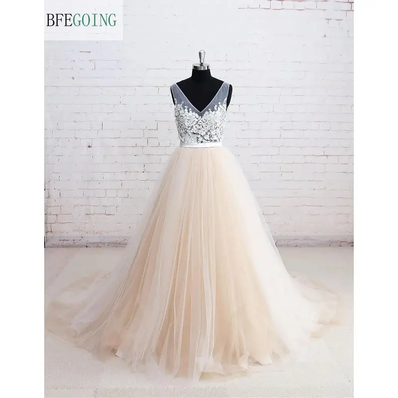 Champagne Tulle V-Neck A-Line Wedding Dress Floor-Length Chapel Train  Appliques  Real/Original Picture  Custom Made