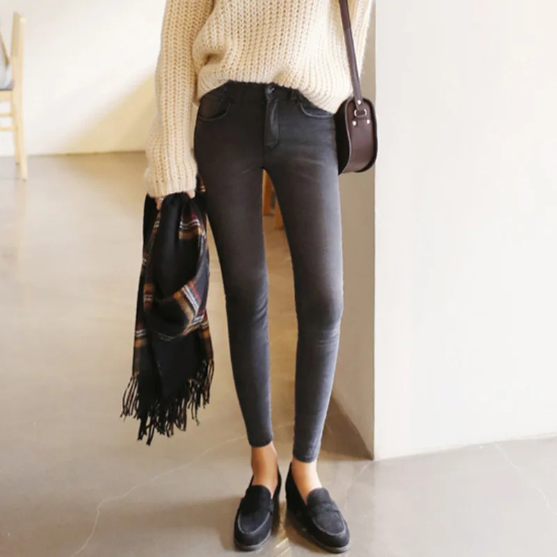 

NJ02 2020 thin waist jeans nine Korean female grey legging feet pencil pants 9 black women jeans