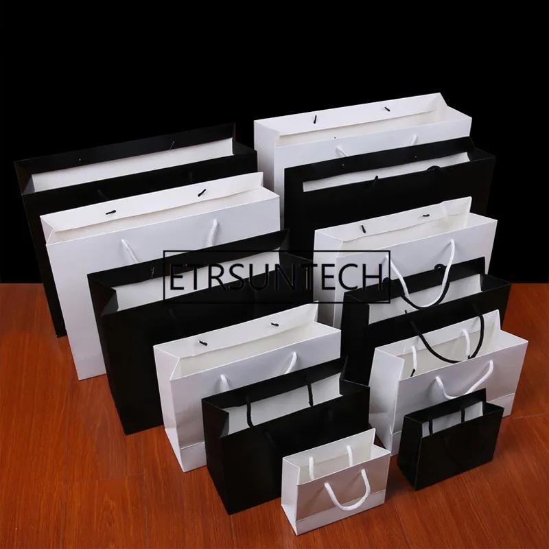 

200Pcs/Lot High Quality Black/White Kraft Paper Bag with Handle Wedding Party Favor Paper Gift Bags