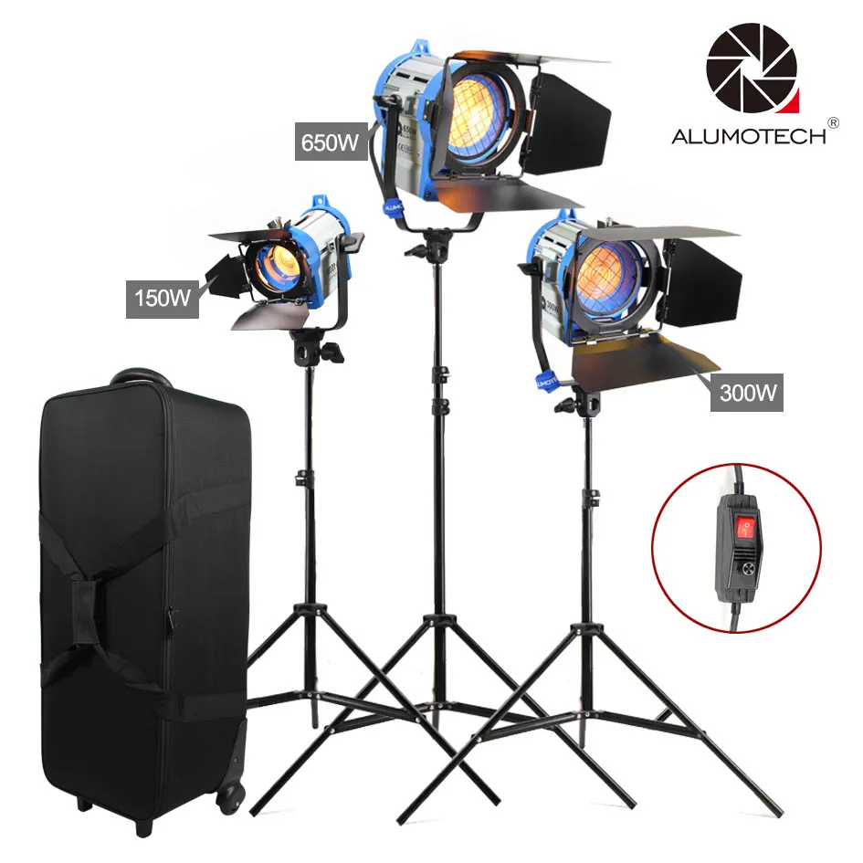 ALUMOTECH Built-in Dimmer Fresnel Tungsten lighting 150W + 300W + 650W Studio Camera Kit