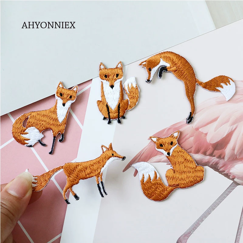 AHYONNIEX 1 Piece Embroidered Cute Fox Patches Clothes Bags DIY Applique Embroidery Parches Iron On Patch for Clothes