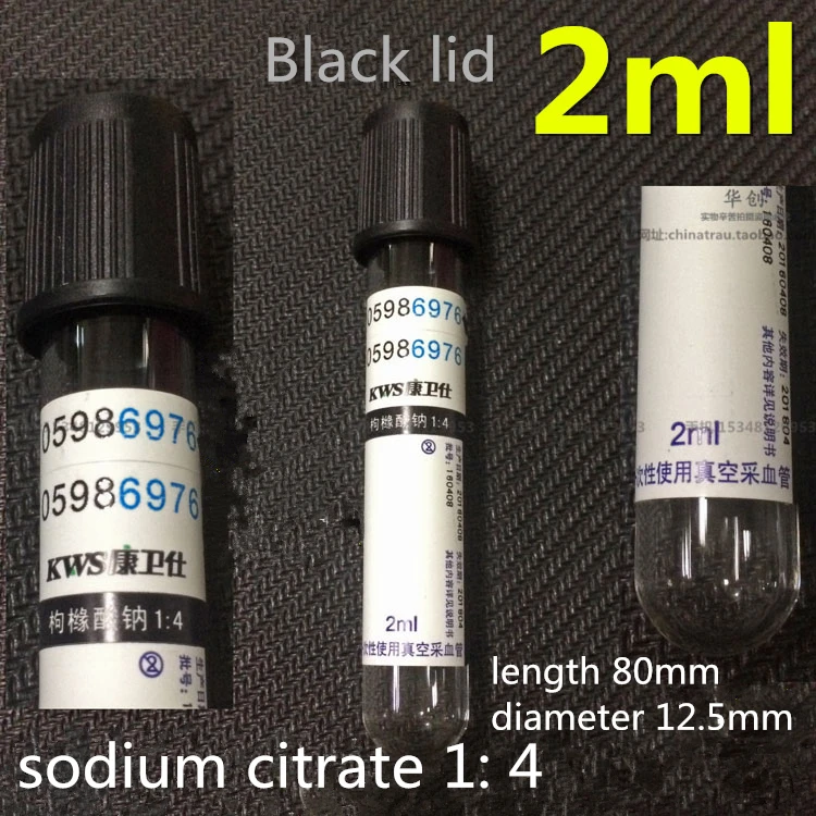 med Disposable 2ml vacuum suction tube sodium citrate 1: 4 black cap blood tube immersed in sodium citrate Black lid Laboratory