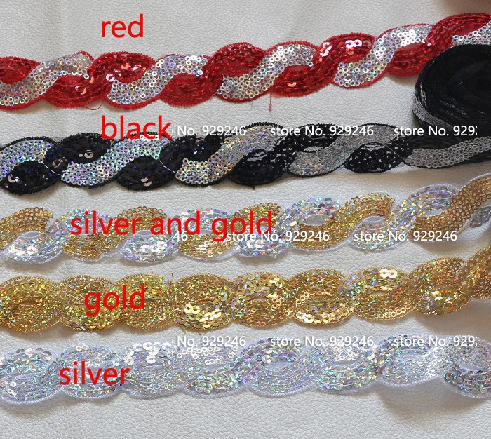 17 yards/lot 8-shape 3cm red black silver gold sequins ribbon lace for costume dancing dress clothing bags garment embelishments