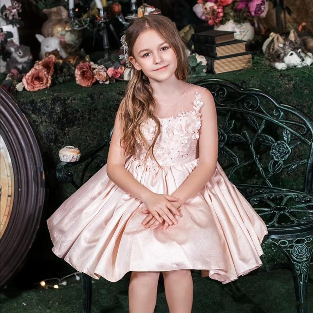 Gorgeous Knielengte Prinses Jurk met 3D Bloemen Applicaties Kristallen Nieuwe Lange Bloem Meisje Jurk Voor Speciale Gelegenheid Vestidos