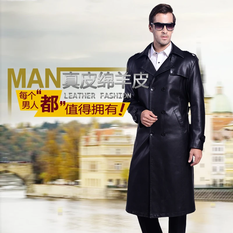 M- 4XL!!   Winter new men's men's long suit collar leather coat for men's double breasted leather trench coat