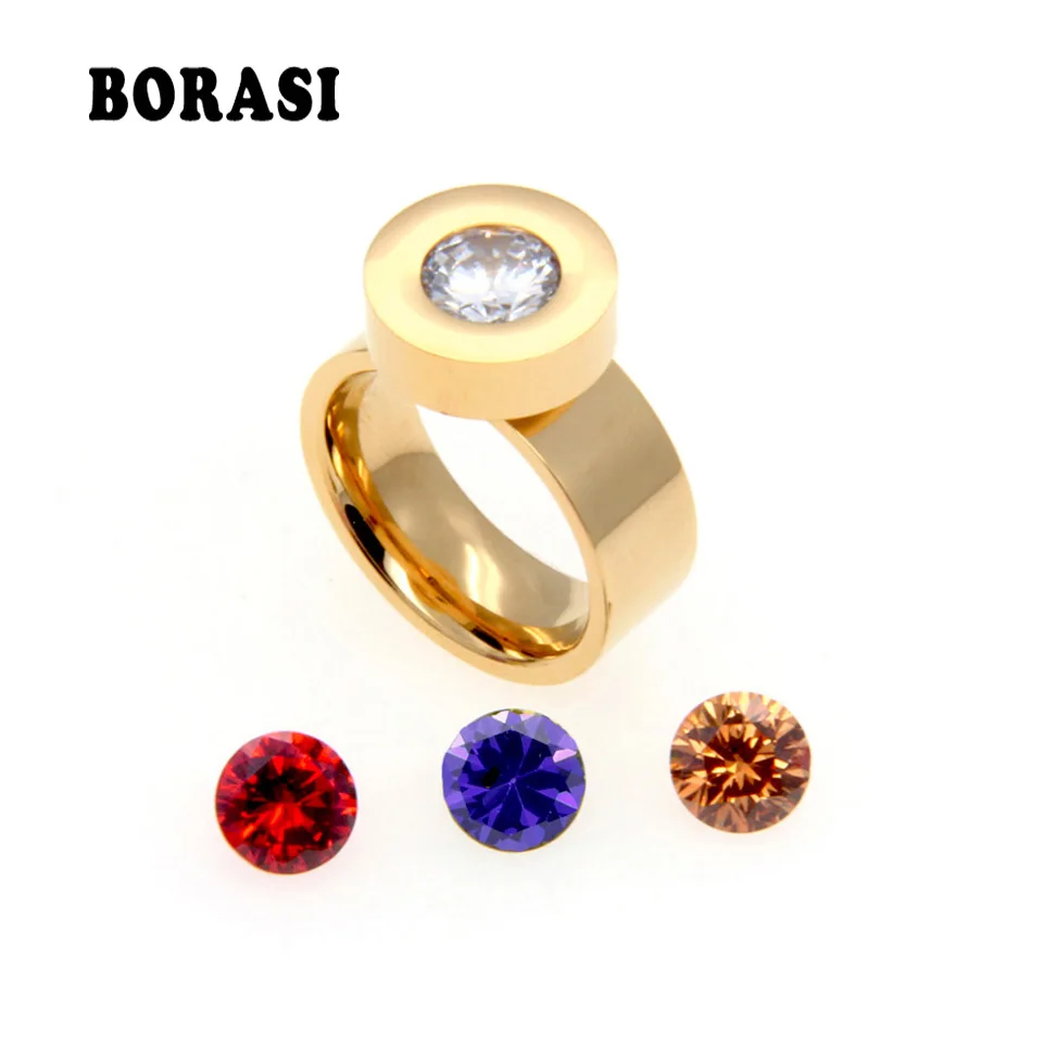 New Trendy Gold 4 Color Zircon Crystal Round Stone Ring For Women Female 316L Stainless Steel Ring Male Brand Wedding Jewelry