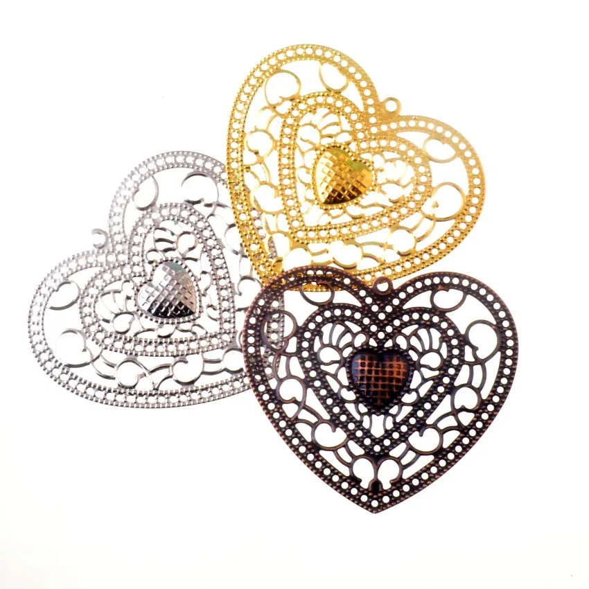 Free shipping 5Pcs Antique Copper/Gold/silver Filigree Heart Wraps Metal Crafts Gift Decoration DIY Findings Connectors 65x58mm