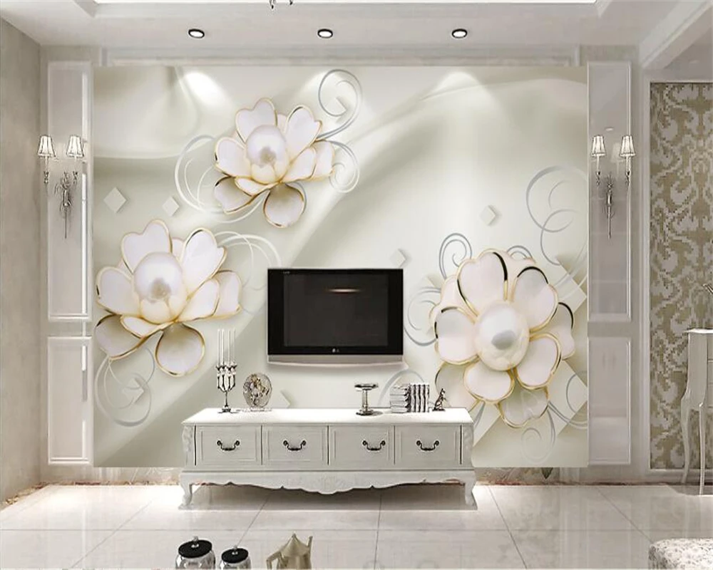 

Custom wallpaper plain elegance pearl 3d three-dimensional camellia European TV backdrop 3d wallpaper papel de parede