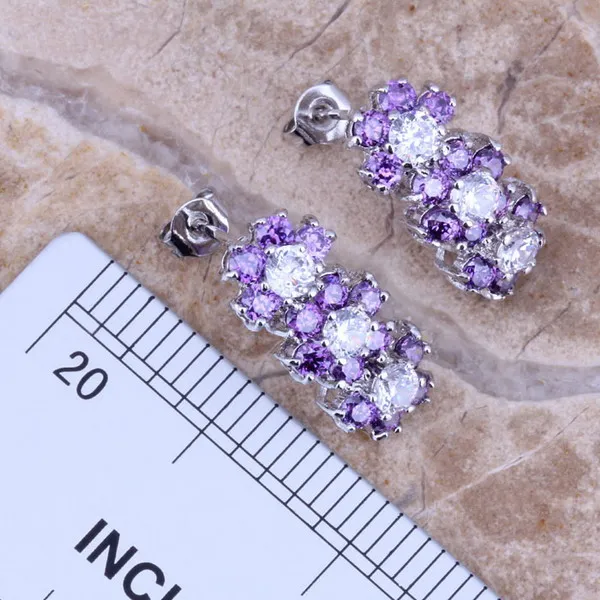 Stunning Purple Cubic Zirconia White CZ Silver Plated Jewelry Sets Earrings Pendant Ring Size 6 / 7 / 8 / 9 / 10 S0149