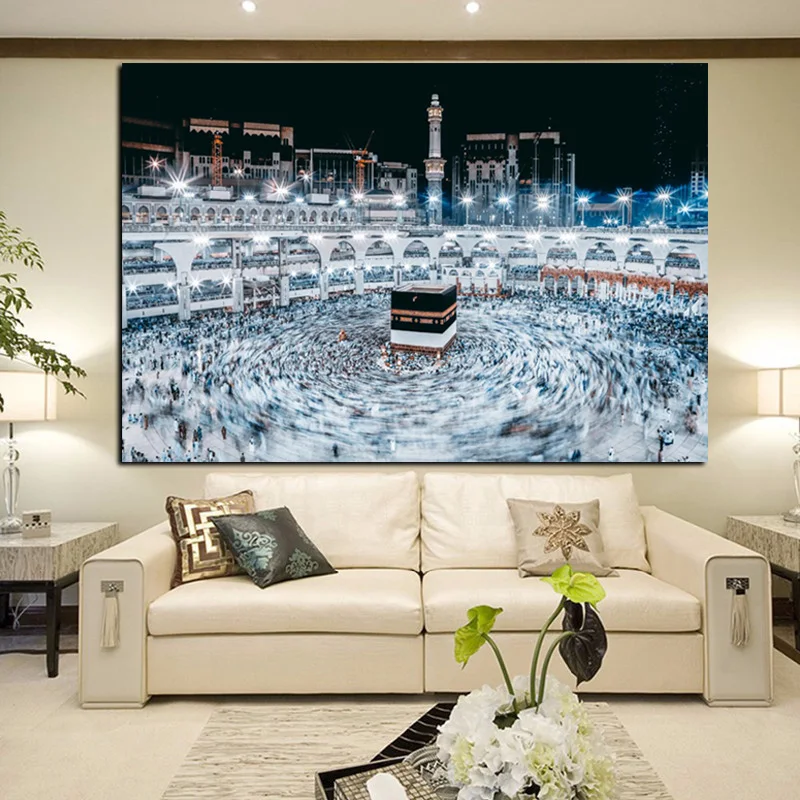 Print Mecca Islamic Sacred Night Hajj Round Ornament View Muslim Mosque Landscape Painting On Canvas Religious Art Cuadros Decor