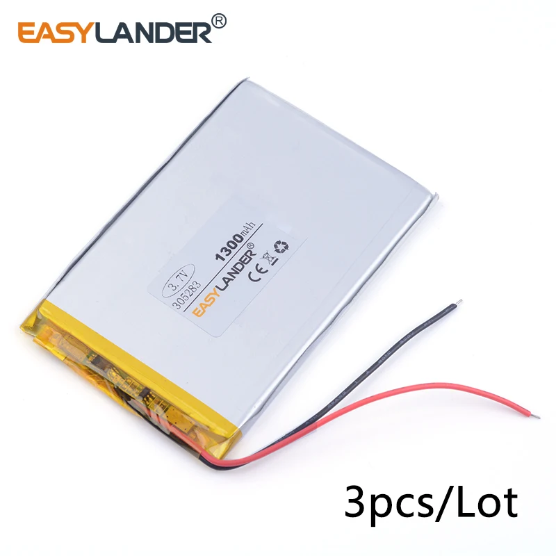充電式リチウムイオンポリマー電池,3.7v,305283, 1300mah,mp3,GPS, Bluetoothヘッドセット,バッチあたり3個