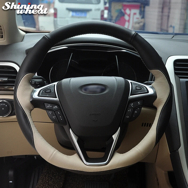 

Shining wheat Black Leather Beige Leather Steering Wheel Cover for Ford Fusion Mondeo 2013 2014