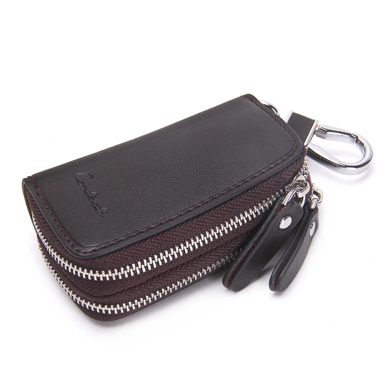 CONTACT\'S Genuine Leather Car Key Wallets Fashion Key Holder Housekeeper Keys Organizer Double Zipper Keychain Case Key Pouch