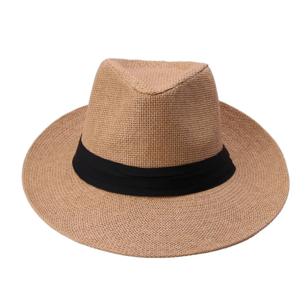 Sombrero de paja de papel con cinta negra para hombre y mujer, gorro de Sol de Jazz de ala grande, Trilby de playa informal de verano, moda caliente