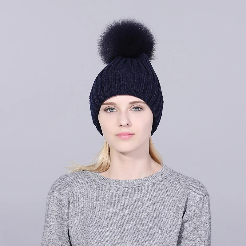 [YARBUU] winter hat for women Knitted female beanies Genuine fox Pompom cap High quality new fashion warm skullies hat for girl