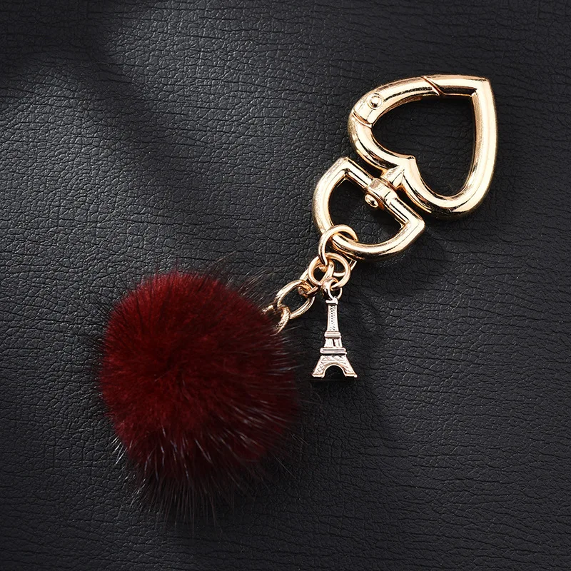 New Really water mink fur ball heart key chain fur Charm car key ring love plush pendant keychain party gift Jewelry K3003