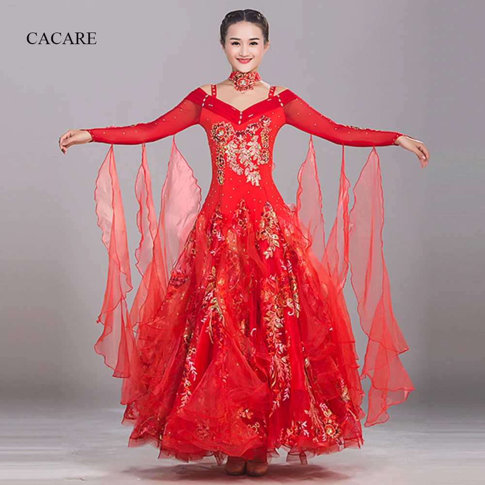 Ballroom Waltz Dresses Dance Competition Dresses Ballroom Dress Standard 6 Colors D0145 Big Sheer Hem Long Sleeve Applique