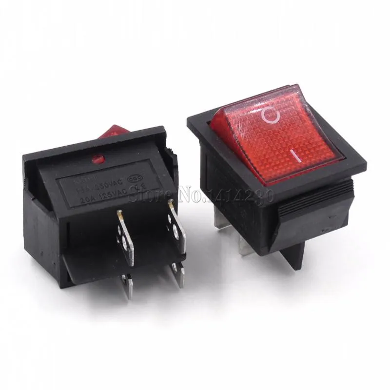 Rocker Power Switch 25*31mm KCD4-201 4 Pin 6 Pin 2 / 3 Position 16A 250V 20A 125VAC Green Red Black Button with Light