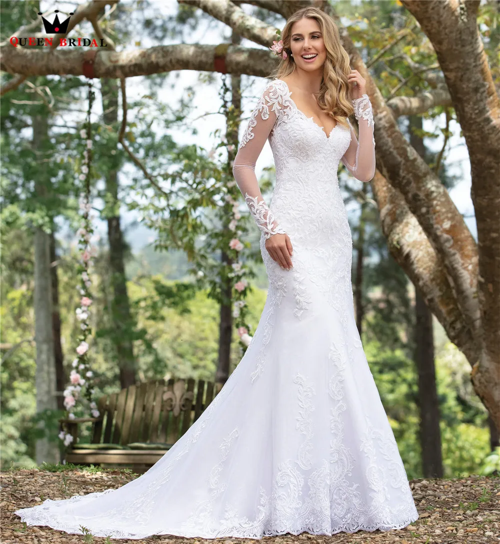 Nach Maß Mermaid Lange Hülse Spitze Perlen Pailletten Sexy Elegante Formale Hochzeit Kleider Vestido de Noiva 2021 WH43