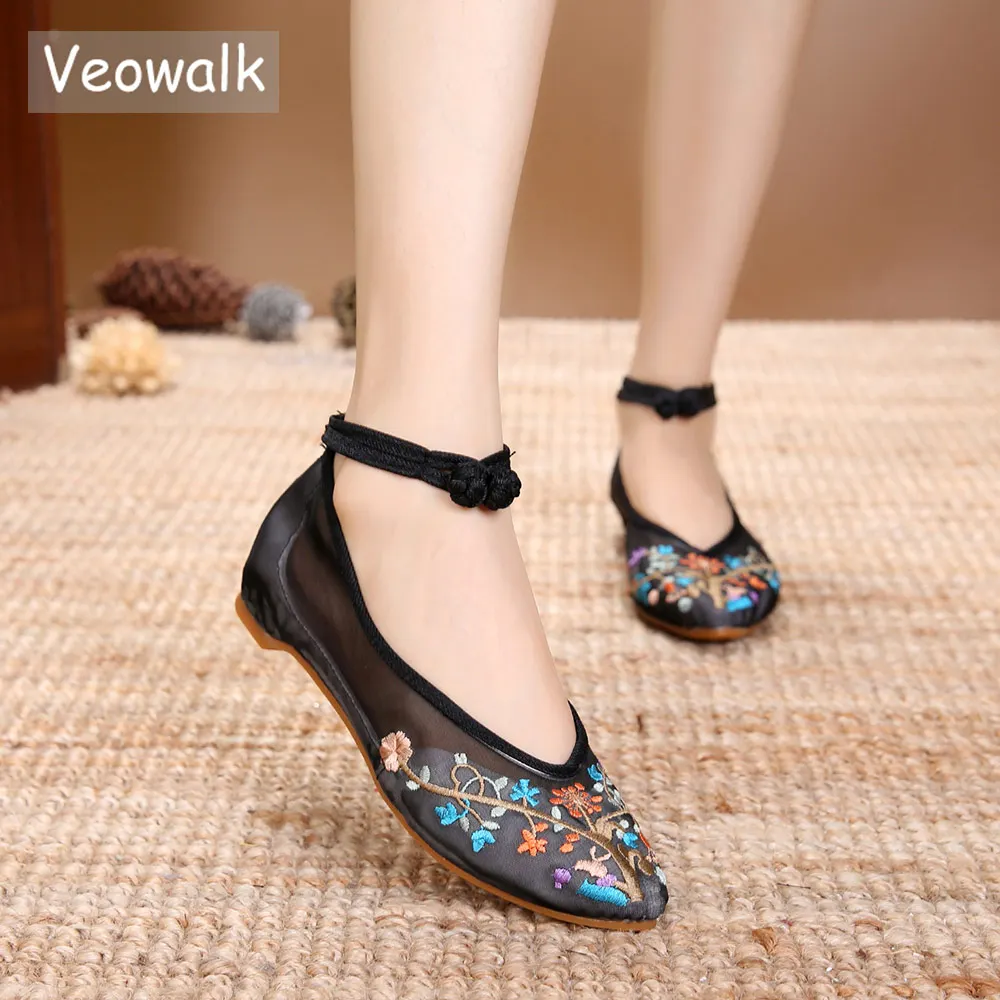 Veowalk Summer Gauze Fabric Women Pointed Toe Ballet Flats Chinese Style Ladies Breathable Ankle Strap Embroidery Dance Shoes