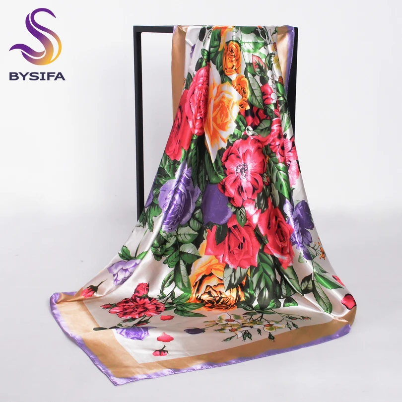 [BYSIFA] Ladies Khaki Square Scarves Wraps 90*90cm Muslim Women Headscarves Spring Autumn All-match Female Neck Scarf Silk Scarf