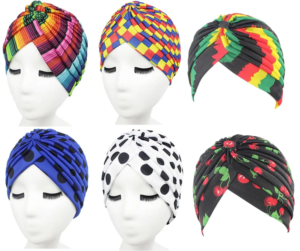 

Women Rainbow Hat Colorful Prined Stripes Indian Cap Muslim Headscarf Headwear Bonnet Cancer Cap Pleated Head Wrap Cover Beanies