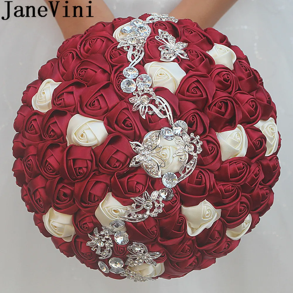 JaneVini 24cm Satin Flowers Bridal Bouquet With Crystal Rose Burgundy Flower Beaded Wedding Bouquet Purple Bouquets Accessories